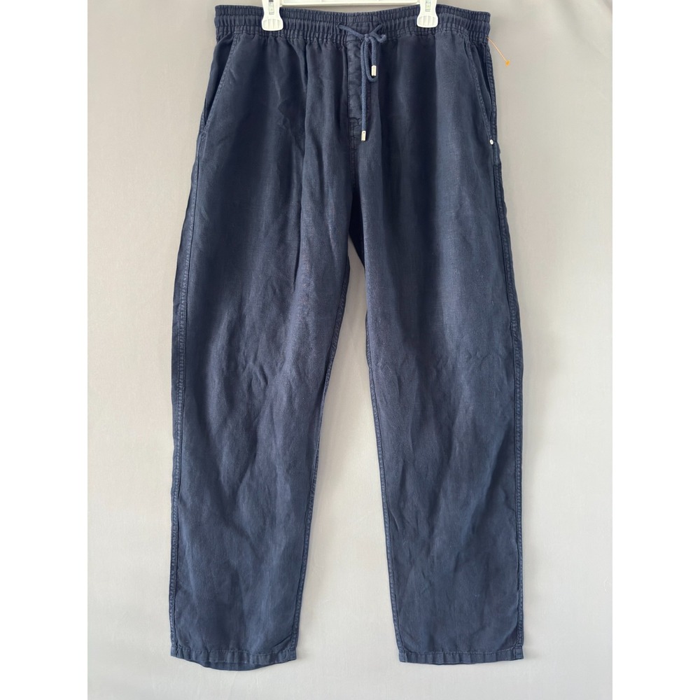 Vilebrequin Mens XXL 100% Linen Pull‑On Pants 33" Inseam Navy Blue Cargo Morocco - Picture 2 of 12